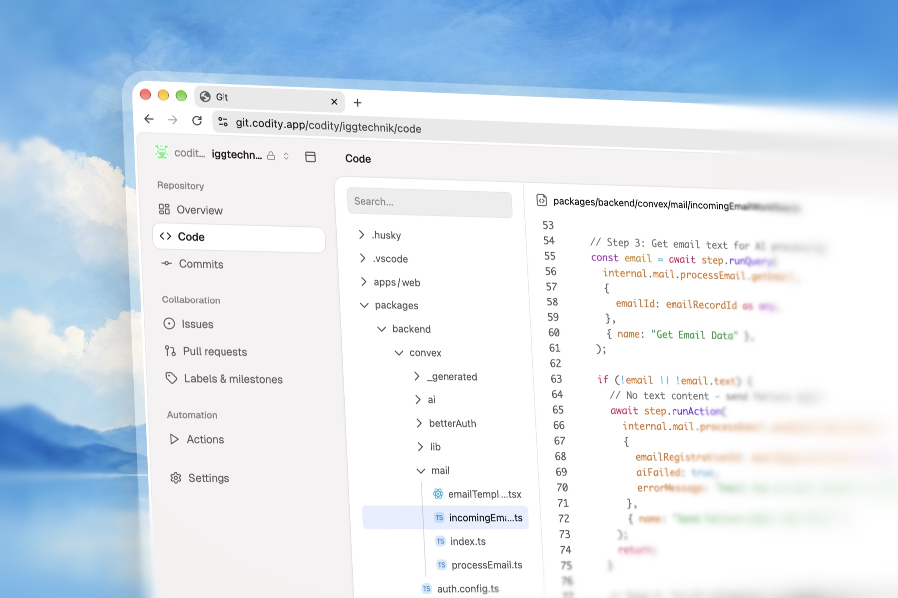 Kerlov code view of a repository: file tree on the left, TypeScript source with syntax highlighting on the right