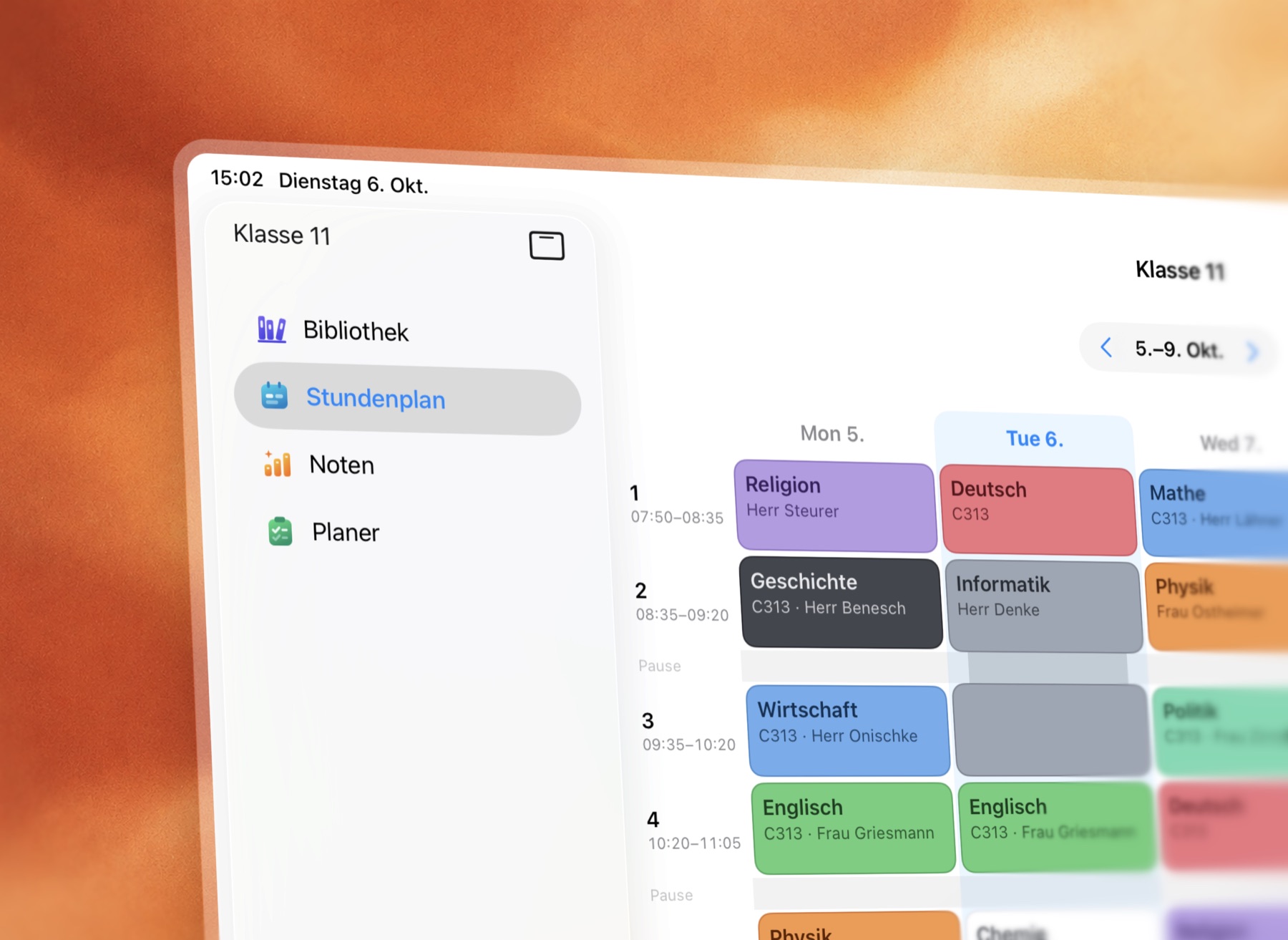 Locker on a tablet showing the Stundenplan view for Klasse 11: sidebar with Bibliothek, Stundenplan, Noten and Planer, and a weekly timetable with colour-coded lessons